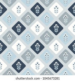 Scandinavian floral background, mid century wallpaper, seamless pattern. Vector illustration. Retro interior home decor in navy blue and silver gray colors.