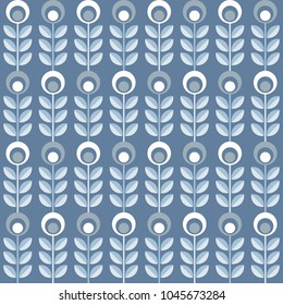 Scandinavian floral background, mid century wallpaper, seamless pattern. Vector illustration. Retro interior home decor in navy blue and silver gray colors.