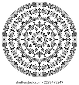 Skandinavische florale Schwarz-Weiß-Mandala Vektor Stickerei Folk Art Stil - perfekt für Grußkarte oder Hochzeitseinladung. Retro-monochrome Dekoration mit Blumen, wiederholende nordische Ornamente

