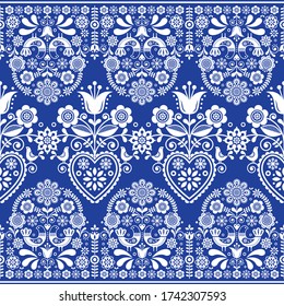 Scandinavian floral folk art seamless vector textile pattern with birds, Nordic repetitive in white  on navy blue. Retro background with flowers inspired by Swedish and Norwegian art