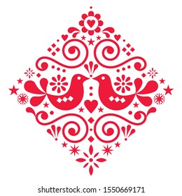 Scandinavian floral folk art vector design square or diamon shape, cute Nordic pattern with birds in red on white background. Retro ethnic decorative ornament inspire dby Scandinavian embroidery 