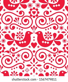 Scandinavian floral folk art vector seamless design, cute Nordic pattern with birds in red on white background. Retro textile decorative ornament inspired by Scandinavian embroidery t