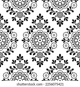 Scandinavian floral folk art vector seamless pattern, cute ornamental design perfect for textile or fabric print in black and white. 
Traditional monochrome retro background, outline flowers decor

