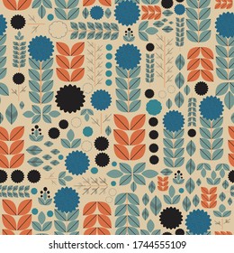 Scandinavian floral folk pattern. Geometric Floral vector seamless repeat pattern. Perfect for home decor, fabrics, upholstery, wallpaper, print and packaging, kids products and stationary