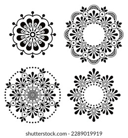 Scandinavian floral mandala vector design collection, retro outline decorationswith flowers inspired by lace and embroidery patterns in black and white. Traditional Nordic monochrome ornaments set