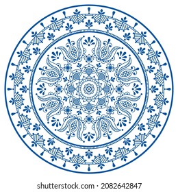 Scandinavian floral mandala vector embroidery folk art style - Nordic outline round pattern with flowers and leaves in blue on white. Retro boho decoration in circle - perfect for greeting card 