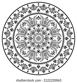 Scandinavian floral mandala vector embroidery folk art style - Nordic outline round pattern with flowers and leaves in black on white. Retro boho monochrome decoration in circle - perfect for greeting