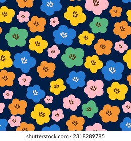 Patrón floral escandinavo. Flores de dibujo vectoriales simples sobre fondo azul oscuro. Las plantas de verano de margarita brillante están impresas. Papel de paredes, tela, papel de embalaje, envoltura, diseño textil.