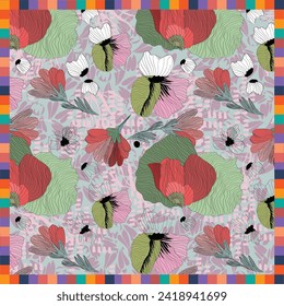 Scandinavian floral and scarf pattern with vintage flowers sketch. For wrapping paper. Ideal for wallpaper, surface textures, textiles. Style and geometric design. 
