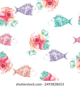Scandinavian floral and scarf pattern with vintage flowers sketch. For wrapping paper. Ideal for wallpaper, surface textures, textiles. Style and geometric design.
