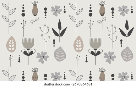Patrón floral escandinavo sin fisuras con hojas abstractas, flores y Elementos botánicos en tonos neutros. Diseño minimalista de la naturaleza nórdica para patrones, tela, papel de regalo y decoración.
	
