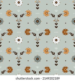 Patrón Escandinavo Floral Sin Marea. Flores De Tono De La Tierra. Ornamento tradicional Cute. Estilo escandaloso. Diseño de Arte Popular. Ilustración vectorial.