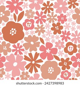 Scandinavian floral seamless pattern with romantic pink tones. Flowers isolated on white background. Cute vector illustration.