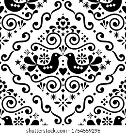 Scandinavian floral seamless vector pattern, monochrome repetitive folk art textile Nordic design with birds and flower. Scandi style retro design or wallpaper background  in black on white
