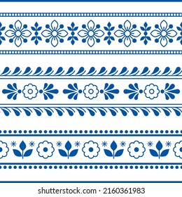 Vector de impresión de tejidos o tejidos florales escandinavos sin fisuras con flores, ornamento de estilo retro de arte folclórico nórdico. Floral lindo fondo primavera en azul marino sobre arte de línea repetitiva y blanco 