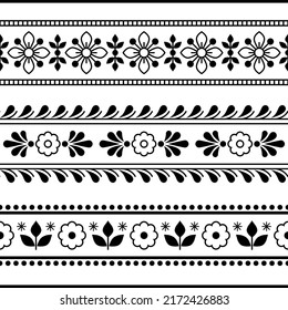 Vector de impresión de tejidos o tejidos florales escandinavos sin fisuras con flores, adorno de estilo retro de arte folclórico nórdico en blanco y negro. 
Decoración de papel pintado floral, adorno monocromático repetitivo 