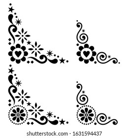 Scandinavian floral vector corner set, folk design elements with flowers in black on white background. Retro cute floral decoaration corners, monochrome Nordic white ornament perfect for greeting card