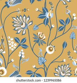 Scandinavian Floral vector seamless pattern with fantasy texture with flowers on a yellow background