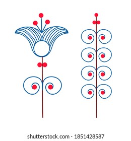 Scandinavian flower blue and red, minimalistic nordic style. Vector illustration on an isolated white background. Flower head, petals, leaves and branches. Fantasy folk hand drawn decoration elements.