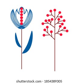 Scandinavian flower blue and red, minimalistic nordic style. Vector illustration on an isolated white background. Flower head, petals, leaves and branches. Fantasy folk hand drawn decoration elements.