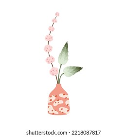 Scandinavian flower ceramic vase, floral bouquet, interior design decoration. Vector spring flower in jugs. Green leaves and pink blooming branch in vase