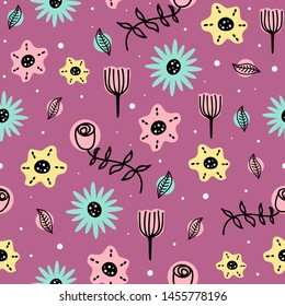 Scandinavian flower seamless pattern background with feminine childish drawing