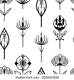 Patrón sin fisuras de flores escandinavas. Elementos de flores silvestres adornadas. Patrón botánico natural escandinavo. Naturaleza mágica.