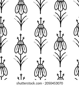Scandinavian flower seamless pattern. Ornament wildflower elements. Scandinavian wilde botanical pattern. Magical nature.