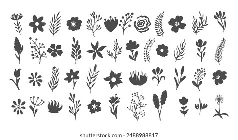 Scandinavian flower set. Scandi style doodle plants leaves flowers collection isolated vector illustration