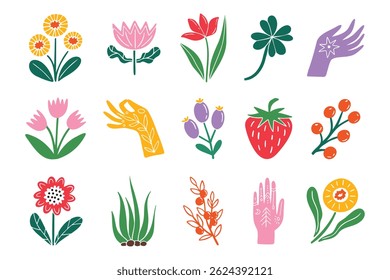 Scandinavian flowers and boho hands silhouette isolated elements. color collection of different colors. Vector illustration