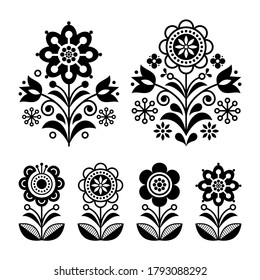 Scandinavian flowers design, folk art decoration with flowers, Nordic retro background in black and white. Retro floral monochrome design elements inspired by Swedish and Norwegian traditional art