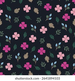 Scandinavian flowers, leaves and berries. Floral seamless surface pattern of pink scandi flowers and leaves. Vector allover print flowery texture on midnight navy color background. 