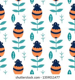 Scandinavian flowers, leaves seamless pattern background,  hand drawn trendy style. Wrapping paper, floral textile, background fill . 
