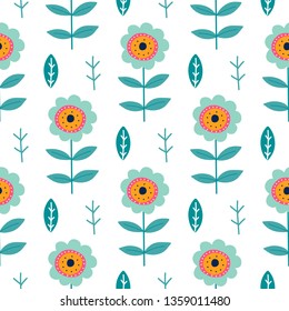 Scandinavian flowers, leaves seamless pattern background,  hand drawn trendy style. Wrapping paper, floral textile, background fill . 
