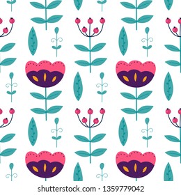 Scandinavian flowers, leaves seamless pattern background,  hand drawn trendy style. Wrapping paper, floral textile, background fill . 