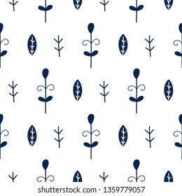 Scandinavian flowers, leaves seamless pattern background, hand drawn trendy style. Wrapping paper, floral textile, background fill . 