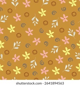 Scandinavian flowers, leaves and spirals. Floral seamless surface pattern of Scandi flowers, variegated leaves and spiral lines. Vector allover print flowery texture on orange color background. 