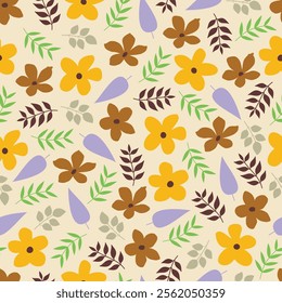 Scandinavian flowers seamless pattern featuring blooming scandi flowers and leaves. Allover print floral artwork. Surface design of spring wild blossom on albescent white background. 