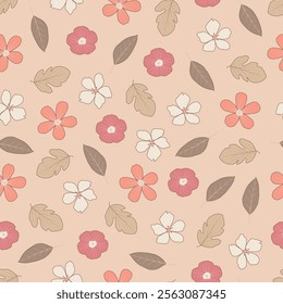 Scandinavian flowers seamless pattern featuring blooming scandi flowers and leaves. Allover print floral artwork. Surface design of spring wild blossom on peach color background. 