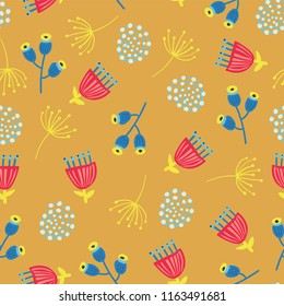 Scandinavian flowers seamless vector background. 1960s, 1970s retro floral fall autumn pattern. Yellow, red, and blue doodle vintage flowers on gold. Trendy art for fabric, paper, web banner, kids