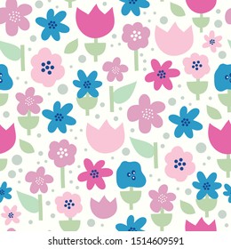 Scandinavian flowers seamless vector pattern. Flat stylized florals in pink, purple and blue on white background. Decorative retro print for kids fabric, surface decor, 