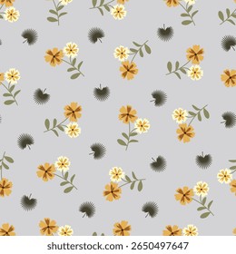 As flores escandinavas vetor padrão sem emenda. Design de superfície floral de flores escandi amarelas e folhas de palmeira de leque. Allover imprimir textura florida no fundo de cor verde sábio. 