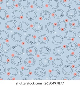 Scandinavian flowers vector seamless pattern. Floral surface design of tiny scandi flowers, stars and circles. Allover print flowery texture on blue color background.