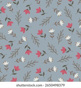 As flores escandinavas vetor padrão sem emenda. Design de superfície floral de flores e folhas cor de rosa escandi branco. Allover imprimir textura florida no fundo azul. 