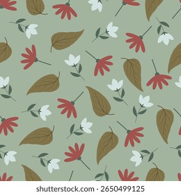 As flores escandinavas vetor padrão sem emenda. Design de superfície floral de flores e folhas escandi rosa e branco. Allover imprimir textura florida no fundo de cor verde sábio. 