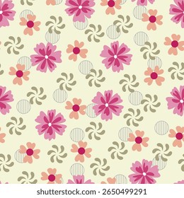 As flores escandinavas vetor padrão sem emenda. Design de superfície floral de flores escandi rosa avermelhado e pontos polka. Allover imprimir textura florida no fundo branco. 