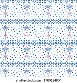 Scandinavian flowers.Artline seamless pattern.Randomly arranged flowers of red and blue. Vector illustration on isolated white background in nordic style.For textile,paper,packaging,cover,wallpaper