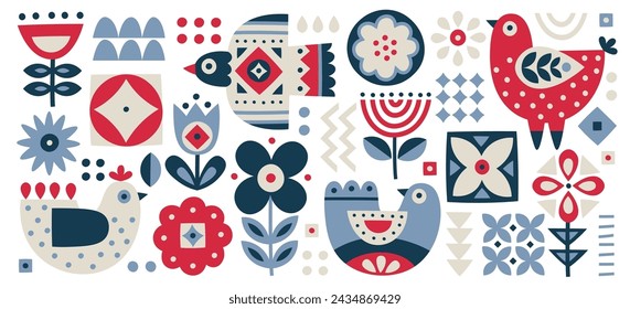 Scandinavian folk abstract botanical pattern, Nordic minimal style wildlife ornaments set vector illustration. Traditional native floral prints, birds and vintage geometric symbols design elements