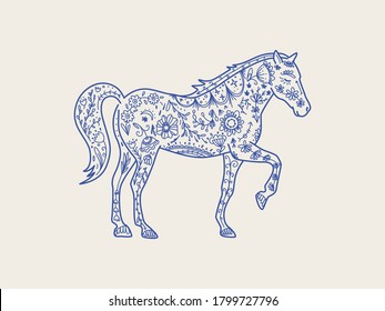 Scandinavian folk animal. Horse in line style with ornate decoration, symbols, floral pattern. Nature logo, graphic element, textile print. Wild horse totem animal, vector hand drawn illustration.