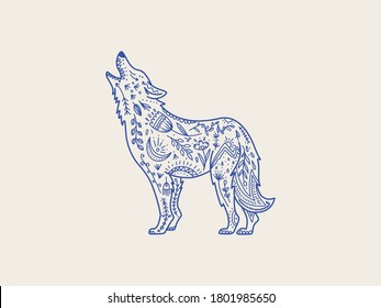 Scandinavian folk animal in line style. Wolf with ornate decoration, symbols, floral pattern. Nature logo, graphic element, textile print. Wild wolf totem animal, vector hand drawn illustration.